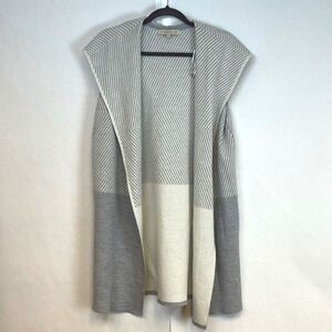 LINEAMAGLIA Italian Hooded Cardigan Sweater Vest L Gray Ivory Wool Blend Open